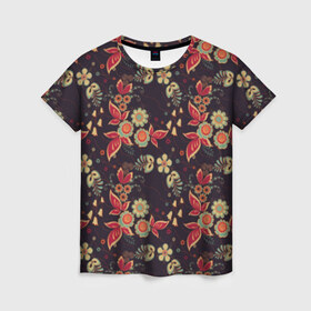 Женская футболка 3D с принтом Хохлома в Тюмени, 100% полиэфир ( синтетическое хлопкоподобное полотно) | прямой крой, круглый вырез горловины, длина до линии бедер | народные | прикольные | русские | украина | хохлома | цветы