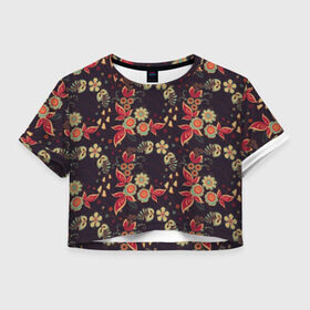 Женская футболка 3D укороченная с принтом Хохлома в Тюмени, 100% полиэстер | круглая горловина, длина футболки до линии талии, рукава с отворотами | народные | прикольные | русские | украина | хохлома | цветы