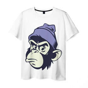 Мужская футболка 3D с принтом Обезьяна в шапке в Тюмени, 100% полиэфир | прямой крой, круглый вырез горловины, длина до линии бедер | мода | обезьяна | хипстер | шапка