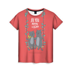 Женская футболка 3D с принтом Кисули Love в Тюмени, 100% полиэфир ( синтетическое хлопкоподобное полотно) | прямой крой, круглый вырез горловины, длина до линии бедер | 14 февраля | love | влюбленный | день святого валентина | котики | любовь | милый | романтика | сердце