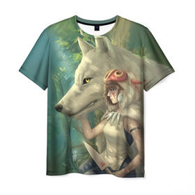 Мужская футболка 3D с принтом Принцесса и волк в Тюмени, 100% полиэфир | прямой крой, круглый вырез горловины, длина до линии бедер | волк | классика | лес | мононоке | фэнтези | хидео | хит