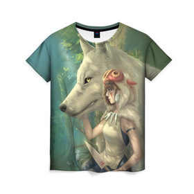 Женская футболка 3D с принтом Принцесса и волк в Тюмени, 100% полиэфир ( синтетическое хлопкоподобное полотно) | прямой крой, круглый вырез горловины, длина до линии бедер | волк | классика | лес | мононоке | фэнтези | хидео | хит
