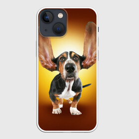 Чехол для iPhone 13 mini с принтом Бассетхаунд в Тюмени,  |  | бассетхаунд | ветер | музыка | наушники | собака | уши