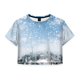 Женская футболка 3D укороченная с принтом Снежный город в Тюмени, 100% полиэстер | круглая горловина, длина футболки до линии талии, рукава с отворотами | город | зима | природа | снег | снегопад