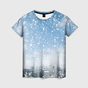 Женская футболка 3D с принтом Снежный город в Тюмени, 100% полиэфир ( синтетическое хлопкоподобное полотно) | прямой крой, круглый вырез горловины, длина до линии бедер | город | зима | природа | снег | снегопад