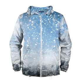 Мужская ветровка 3D с принтом Снежный город в Тюмени, 100% полиэстер | подол и капюшон оформлены резинкой с фиксаторами, два кармана без застежек по бокам, один потайной карман на груди | Тематика изображения на принте: город | зима | природа | снег | снегопад