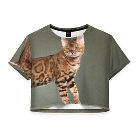 Женская футболка 3D укороченная с принтом Бенгальский кот в Тюмени, 100% полиэстер | круглая горловина, длина футболки до линии талии, рукава с отворотами | Тематика изображения на принте: бенгальский | домашняя | животное | кот | котэ | кошка