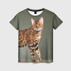 Женская футболка 3D с принтом Бенгальский кот в Тюмени, 100% полиэфир ( синтетическое хлопкоподобное полотно) | прямой крой, круглый вырез горловины, длина до линии бедер | Тематика изображения на принте: бенгальский | домашняя | животное | кот | котэ | кошка