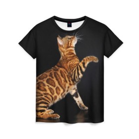 Женская футболка 3D с принтом Бенгальская кошка в Тюмени, 100% полиэфир ( синтетическое хлопкоподобное полотно) | прямой крой, круглый вырез горловины, длина до линии бедер | Тематика изображения на принте: бенгальская | домашняя | животное | кот | котэ | кошка