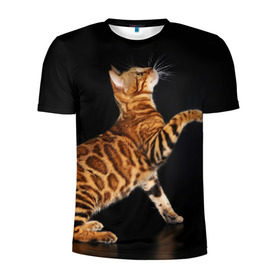 Мужская футболка 3D спортивная с принтом Бенгальская кошка в Тюмени, 100% полиэстер с улучшенными характеристиками | приталенный силуэт, круглая горловина, широкие плечи, сужается к линии бедра | Тематика изображения на принте: бенгальская | домашняя | животное | кот | котэ | кошка