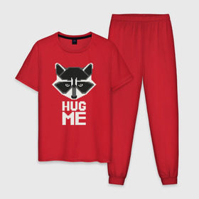 Мужская пижама хлопок с принтом Енот HUG ME в Тюмени, 100% хлопок | брюки и футболка прямого кроя, без карманов, на брюках мягкая резинка на поясе и по низу штанин
 | енот