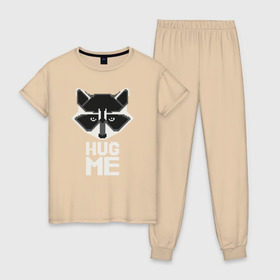 Женская пижама хлопок с принтом Енот HUG ME в Тюмени, 100% хлопок | брюки и футболка прямого кроя, без карманов, на брюках мягкая резинка на поясе и по низу штанин | енот
