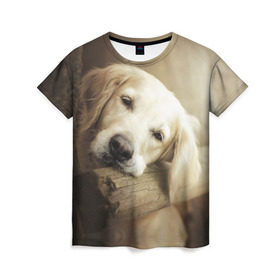 Женская футболка 3D с принтом Золотистый ретривер в Тюмени, 100% полиэфир ( синтетическое хлопкоподобное полотно) | прямой крой, круглый вырез горловины, длина до линии бедер | животное | золотистый ретривер | порода | собака