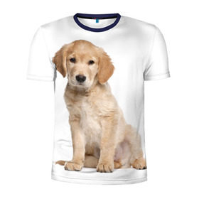Мужская футболка 3D спортивная с принтом Золотистый ретривер в Тюмени, 100% полиэстер с улучшенными характеристиками | приталенный силуэт, круглая горловина, широкие плечи, сужается к линии бедра | Тематика изображения на принте: животное | золотистый ретривер | порода | собака