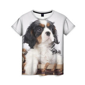 Женская футболка 3D с принтом Кинг чарльз спаниель в Тюмени, 100% полиэфир ( синтетическое хлопкоподобное полотно) | прямой крой, круглый вырез горловины, длина до линии бедер | Тематика изображения на принте: животное | кинг чарльз спаниель | порода | собака