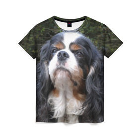 Женская футболка 3D с принтом Кинг чарльз спаниель в Тюмени, 100% полиэфир ( синтетическое хлопкоподобное полотно) | прямой крой, круглый вырез горловины, длина до линии бедер | животное | кинг чарльз спаниель | порода | собака
