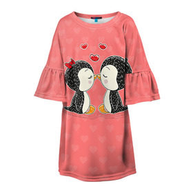 Детское платье 3D с принтом Влюбленные пингвины в Тюмени, 100% полиэстер | прямой силуэт, чуть расширенный к низу. Круглая горловина, на рукавах — воланы | 14 февраля | love | love you | валентин | влюбленные | день святого валентина | лав | любовь | пингвины | подарок девушке | подарок парню