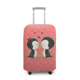 Чехол для чемодана 3D с принтом Влюбленные пингвины в Тюмени, 86% полиэфир, 14% спандекс | двустороннее нанесение принта, прорези для ручек и колес | 14 февраля | love | love you | валентин | влюбленные | день святого валентина | лав | любовь | пингвины | подарок девушке | подарок парню