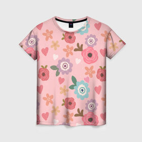 Женская футболка 3D с принтом Цветник в Тюмени, 100% полиэфир ( синтетическое хлопкоподобное полотно) | прямой крой, круглый вырез горловины, длина до линии бедер | природа | ромашки | тульпаны | цветы