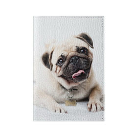 Обложка для паспорта матовая кожа с принтом Мопс в Тюмени, натуральная матовая кожа | размер 19,3 х 13,7 см; прозрачные пластиковые крепления | Тематика изображения на принте: животное | мопс | порода | собака