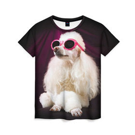 Женская футболка 3D с принтом Пудель в очках в Тюмени, 100% полиэфир ( синтетическое хлопкоподобное полотно) | прямой крой, круглый вырез горловины, длина до линии бедер | Тематика изображения на принте: животное | порода | пудель в очках | собака