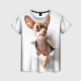 Женская футболка 3D с принтом Той-терьер в Тюмени, 100% полиэфир ( синтетическое хлопкоподобное полотно) | прямой крой, круглый вырез горловины, длина до линии бедер | животное | порода | собака | той терьер