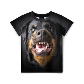 Детская футболка 3D с принтом Ротвейлер в Тюмени, 100% гипоаллергенный полиэфир | прямой крой, круглый вырез горловины, длина до линии бедер, чуть спущенное плечо, ткань немного тянется | Тематика изображения на принте: животное | порода | ротвейлер | собака