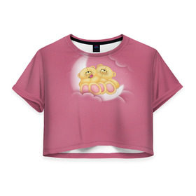 Женская футболка 3D укороченная с принтом Мишки в облаках в Тюмени, 100% полиэстер | круглая горловина, длина футболки до линии талии, рукава с отворотами | 14 февраля | bears | teddy | валентин | день святого валентина | игрушки | медведи | милый | мимими | мишка | мишки | подарки | подарок | подарок девушке | подарок парню | тедди