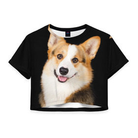 Женская футболка 3D укороченная с принтом Пемброк-вельш-корги в Тюмени, 100% полиэстер | круглая горловина, длина футболки до линии талии, рукава с отворотами | животное | пемброк вельш корги | порода | собака