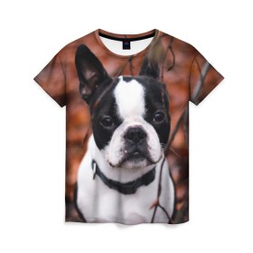 Женская футболка 3D с принтом Бостон Терьер в Тюмени, 100% полиэфир ( синтетическое хлопкоподобное полотно) | прямой крой, круглый вырез горловины, длина до линии бедер | животное | порода | собака | французский бульдог