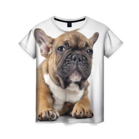 Женская футболка 3D с принтом Французский бульдог в Тюмени, 100% полиэфир ( синтетическое хлопкоподобное полотно) | прямой крой, круглый вырез горловины, длина до линии бедер | животное | порода | собака | французский бульдог
