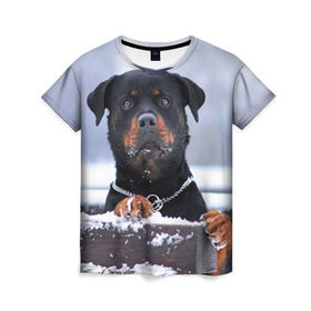 Женская футболка 3D с принтом Ротвейлер в Тюмени, 100% полиэфир ( синтетическое хлопкоподобное полотно) | прямой крой, круглый вырез горловины, длина до линии бедер | животное | порода | ротвейлер | собака