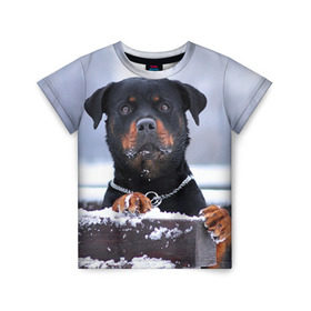 Детская футболка 3D с принтом Ротвейлер в Тюмени, 100% гипоаллергенный полиэфир | прямой крой, круглый вырез горловины, длина до линии бедер, чуть спущенное плечо, ткань немного тянется | Тематика изображения на принте: животное | порода | ротвейлер | собака