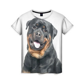 Женская футболка 3D с принтом Ротвейлер в Тюмени, 100% полиэфир ( синтетическое хлопкоподобное полотно) | прямой крой, круглый вырез горловины, длина до линии бедер | животное | порода | ротвейлер | собака