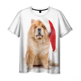 Мужская футболка 3D с принтом Чау-чау в Тюмени, 100% полиэфир | прямой крой, круглый вырез горловины, длина до линии бедер | новый год | санта клаус | собака | чау чау