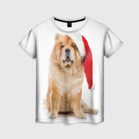 Женская футболка 3D с принтом Чау-чау в Тюмени, 100% полиэфир ( синтетическое хлопкоподобное полотно) | прямой крой, круглый вырез горловины, длина до линии бедер | новый год | санта клаус | собака | чау чау