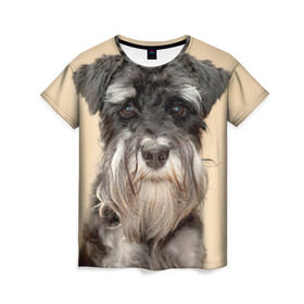 Женская футболка 3D с принтом Цвергшнауцер в Тюмени, 100% полиэфир ( синтетическое хлопкоподобное полотно) | прямой крой, круглый вырез горловины, длина до линии бедер | животное | порода | собака | цвергшнауцер
