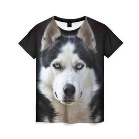 Женская футболка 3D с принтом Хаски в Тюмени, 100% полиэфир ( синтетическое хлопкоподобное полотно) | прямой крой, круглый вырез горловины, длина до линии бедер | бандит | животное | порода | собака | хаски | хаски бандит