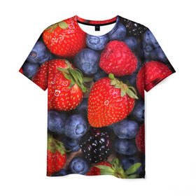 Мужская футболка 3D с принтом Berries в Тюмени, 100% полиэфир | прямой крой, круглый вырез горловины, длина до линии бедер | Тематика изображения на принте: strawberry | vegan | vegetarian | веган | вегетарианство | земляника | йога | клубника | фитнес | черника | ягода