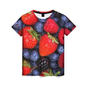 Женская футболка 3D с принтом Berries в Тюмени, 100% полиэфир ( синтетическое хлопкоподобное полотно) | прямой крой, круглый вырез горловины, длина до линии бедер | strawberry | vegan | vegetarian | веган | вегетарианство | земляника | йога | клубника | фитнес | черника | ягода
