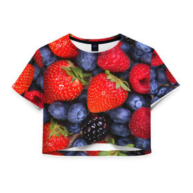 Женская футболка 3D укороченная с принтом Berries в Тюмени, 100% полиэстер | круглая горловина, длина футболки до линии талии, рукава с отворотами | strawberry | vegan | vegetarian | веган | вегетарианство | земляника | йога | клубника | фитнес | черника | ягода