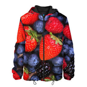 Мужская куртка 3D с принтом Berries в Тюмени, ткань верха — 100% полиэстер, подклад — флис | прямой крой, подол и капюшон оформлены резинкой с фиксаторами, два кармана без застежек по бокам, один большой потайной карман на груди. Карман на груди застегивается на липучку | Тематика изображения на принте: strawberry | vegan | vegetarian | веган | вегетарианство | земляника | йога | клубника | фитнес | черника | ягода