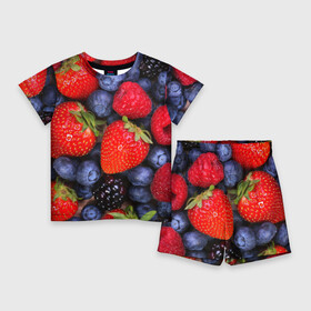 Детский костюм с шортами 3D с принтом Berries в Тюмени,  |  | strawberry | vegan | vegetarian | веган | вегетарианство | земляника | йога | клубника | фитнес | черника | ягода