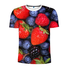 Мужская футболка 3D спортивная с принтом Berries в Тюмени, 100% полиэстер с улучшенными характеристиками | приталенный силуэт, круглая горловина, широкие плечи, сужается к линии бедра | Тематика изображения на принте: strawberry | vegan | vegetarian | веган | вегетарианство | земляника | йога | клубника | фитнес | черника | ягода