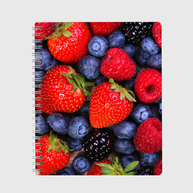 Тетрадь с принтом Berries в Тюмени, 100% бумага | 48 листов, плотность листов — 60 г/м2, плотность картонной обложки — 250 г/м2. Листы скреплены сбоку удобной пружинной спиралью. Уголки страниц и обложки скругленные. Цвет линий — светло-серый
 | strawberry | vegan | vegetarian | веган | вегетарианство | земляника | йога | клубника | фитнес | черника | ягода
