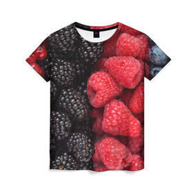 Женская футболка 3D с принтом Ягодная в Тюмени, 100% полиэфир ( синтетическое хлопкоподобное полотно) | прямой крой, круглый вырез горловины, длина до линии бедер | strawberry | vegan | vegetarian | будизм | веган | вегетарианство | земляника | йога | клубника | клюква | фитнес | черника | ягода