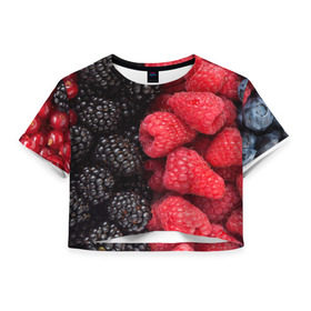 Женская футболка 3D укороченная с принтом Ягодная в Тюмени, 100% полиэстер | круглая горловина, длина футболки до линии талии, рукава с отворотами | strawberry | vegan | vegetarian | будизм | веган | вегетарианство | земляника | йога | клубника | клюква | фитнес | черника | ягода