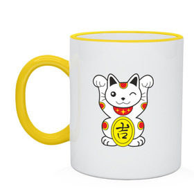 Кружка двухцветная с принтом Японский котик в Тюмени, керамика | объем — 330 мл, диаметр — 80 мм. Цветная ручка и кайма сверху, в некоторых цветах — вся внутренняя часть | иероглиф | кот | япония