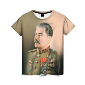 Женская футболка 3D с принтом Сталин 1 в Тюмени, 100% полиэфир ( синтетическое хлопкоподобное полотно) | прямой крой, круглый вырез горловины, длина до линии бедер | знаменитости | иосиф сталин | ретро | ссср