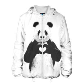 Мужская куртка 3D с принтом Панда Love в Тюмени, ткань верха — 100% полиэстер, подклад — флис | прямой крой, подол и капюшон оформлены резинкой с фиксаторами, два кармана без застежек по бокам, один большой потайной карман на груди. Карман на груди застегивается на липучку | Тематика изображения на принте: панда
